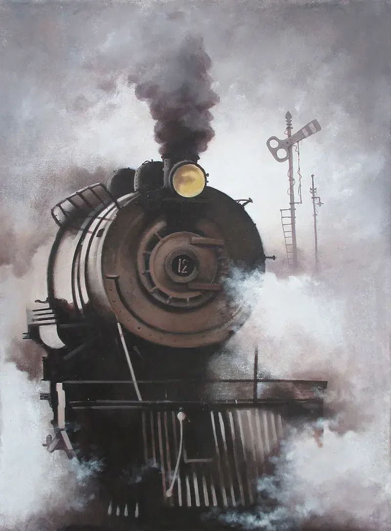 Black and white steam locomotive paintings