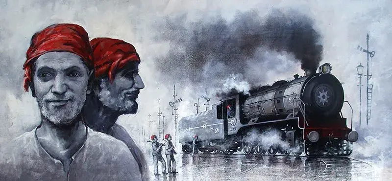 Indian portrait and steam locomotive paintings