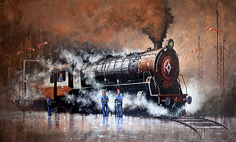 Indian steam locomotive workshop paintings with brown colour for interior designer