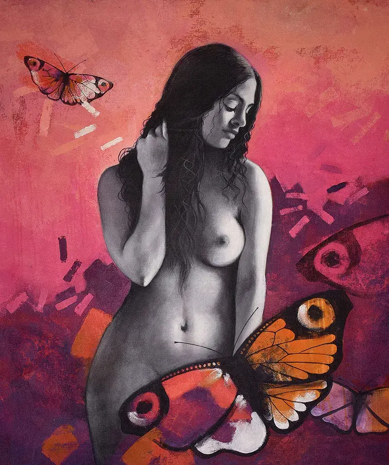 nude female figure painting by kishore biswas
