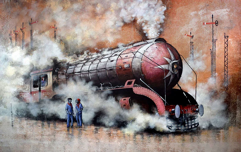 Steam locomotive paintings in acrylic
