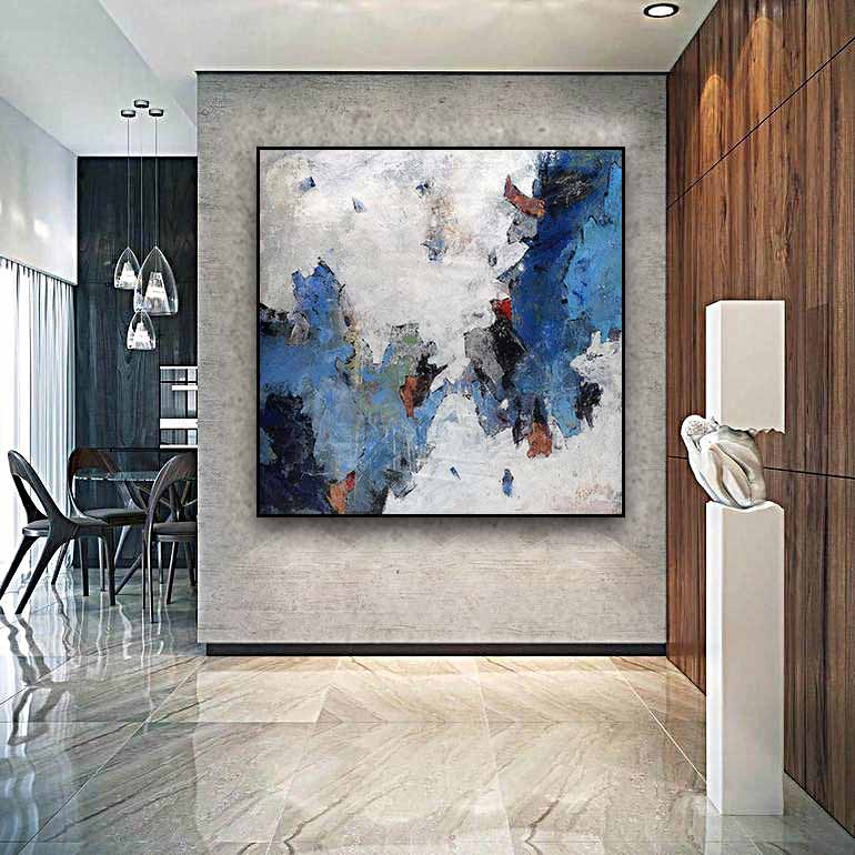 Square abstract painting blue and white combination for office wall